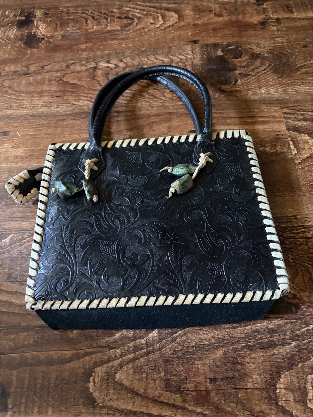 Studio Barse Black Tooled Leather Satchel with Cream Whipstitch - Picture 2 of 4